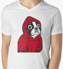 Boston Terrier in a Red Hoodie Men's V-Neck T-Shirt