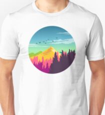 Colorful Nature Landscape : Mountain and Forest Scene with Happy Birds Unisex T-Shirt