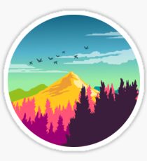Colorful Nature Landscape : Mountain and Forest Scene with Happy Birds Sticker