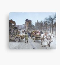 Refugees evacuating the Belgian town of Bastogne, 1944, colorized Metal Print