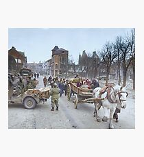Refugees evacuating the Belgian town of Bastogne, 1944, colorized Photographic Print