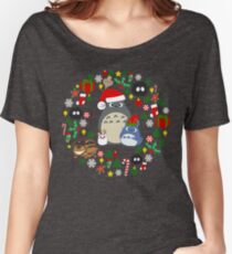 Christmas Totoro in Dark Grey - Holiday, Xmas, Presents, Peppermint, Candy Cane, Mistletoe, Snowflake, Poinsettia, Anime, Catbus, Soot Sprite, Blue, White, Manga, Hayao Miyazaki, Studio Ghibl Women's Relaxed Fit T-Shirt