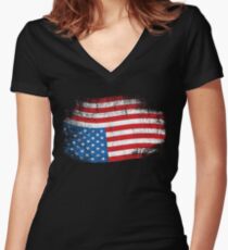 Upside Down American Flag US in Distress T-Shirt Women's Fitted V-Neck T-Shirt