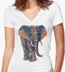 Camiseta entallada de cuello en V Ornate Elephant v2 (Versión en color)