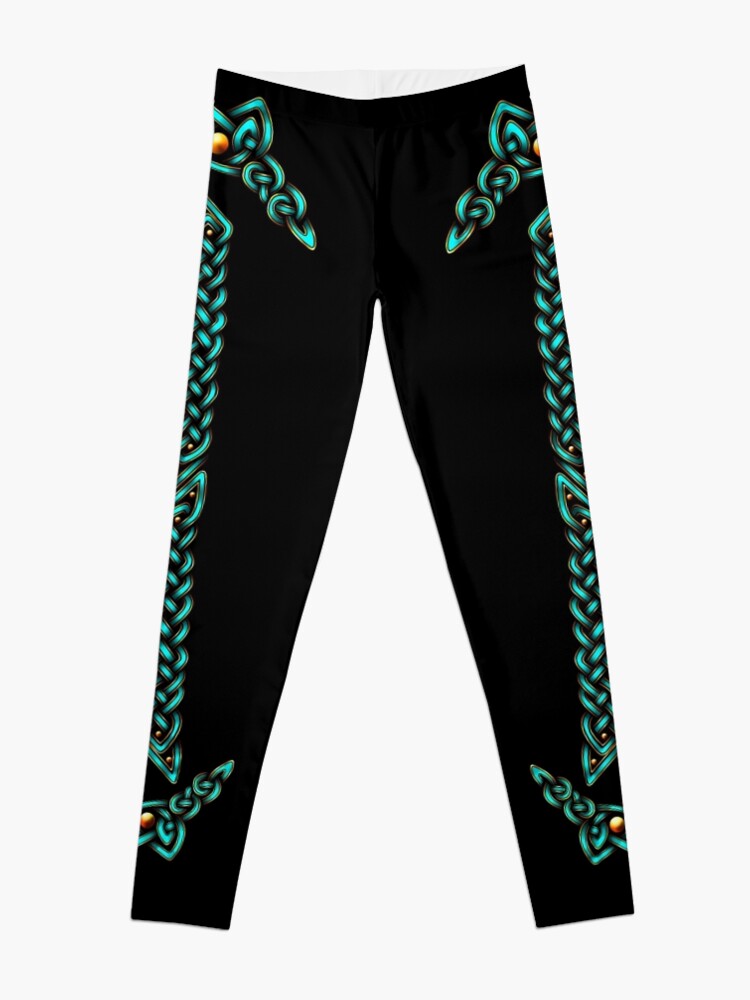 Alternate view of Celtic Knotwork - Gold and Teal Leggings