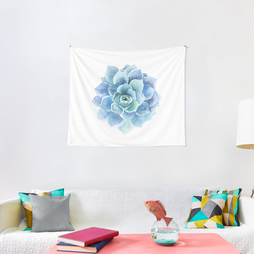 Watercolor blue tones succulent illustration Tapestry