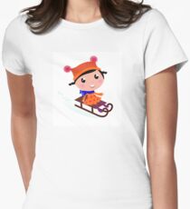 Cute Girl sledding in Winter. Vector cartoon Illustration Women's Fitted T-Shirt