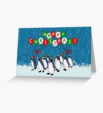 Happy Christmas March of Penguins Greeting Card