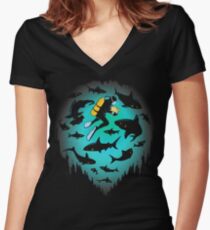 Screwed | Funny Shark and Diver Illustration Women's Fitted V-Neck T-Shirt