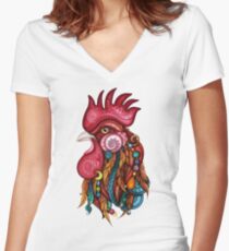 Tribal Rooster Design Women's Fitted V-Neck T-Shirt