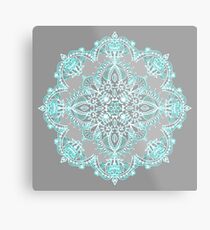 Teal and Aqua Lace Mandala on Grey Metal Print