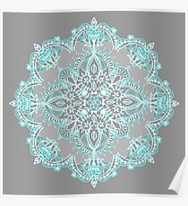Teal and Aqua Lace Mandala on Grey Poster