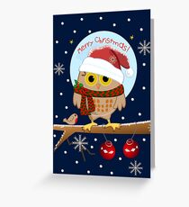 Cute Owl with Santa hat and text Greeting Card
