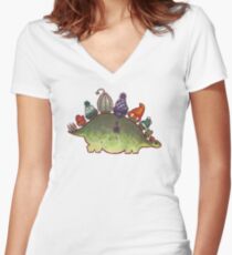 Green Stegosaurus Derposaur with Hats Women's Fitted V-Neck T-Shirt