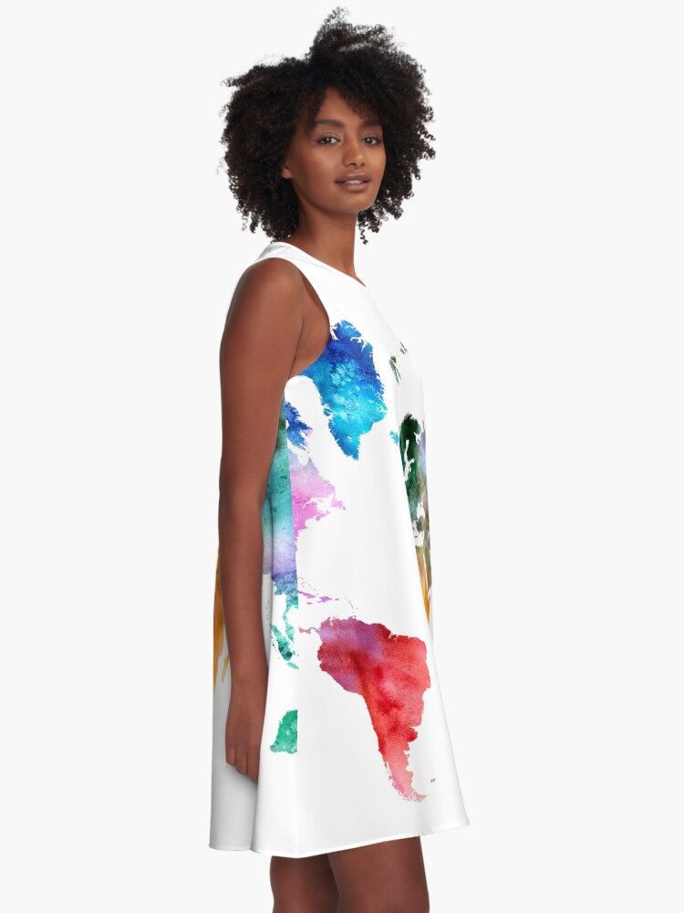 Alternate view of Colorful watercolor map of the world with watercolor A-Line Dress