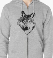 Wise Wolf Face. Animal Prints. Digital Wildlife Engravings. Zipped Hoodie