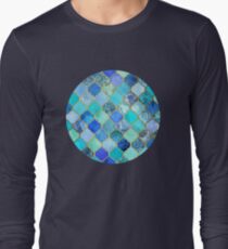 Cobalt Blue, Aqua & Gold Decorative Moroccan Tile Pattern Long Sleeve T-Shirt