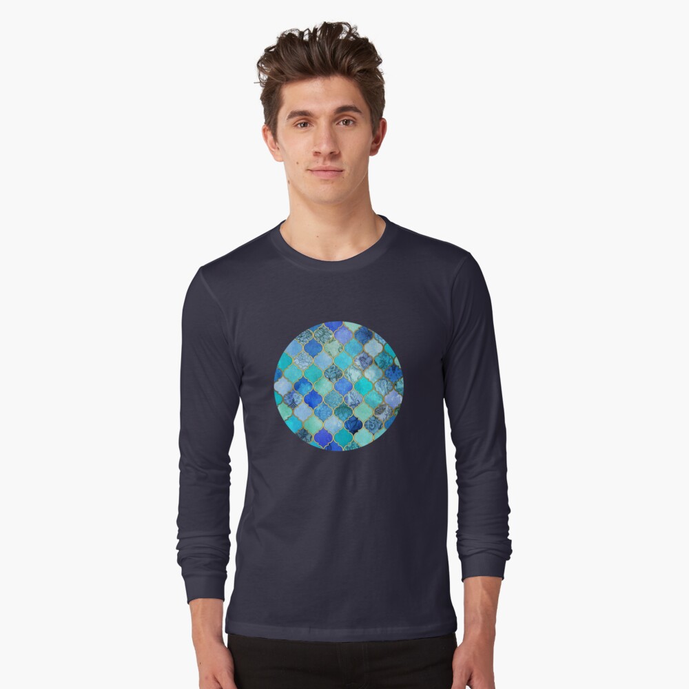 Cobalt Blue, Aqua & Gold Decorative Moroccan Tile Pattern Long Sleeve T-Shirt