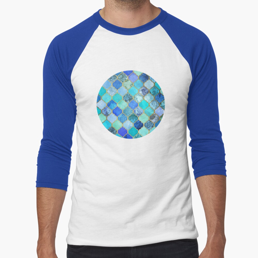 Kobaltblau, Aqua & Gold Dekorative marokkanische Fliesenmuster Baseballshirt mit 3/4-Arm