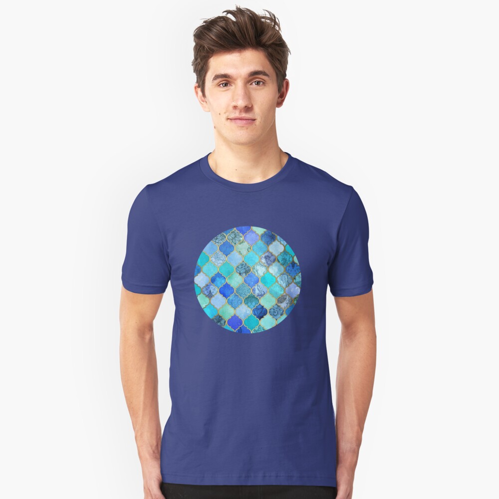 Cobalt Blue, Aqua & Gold Decorative Moroccan Tile Pattern Slim Fit T-Shirt