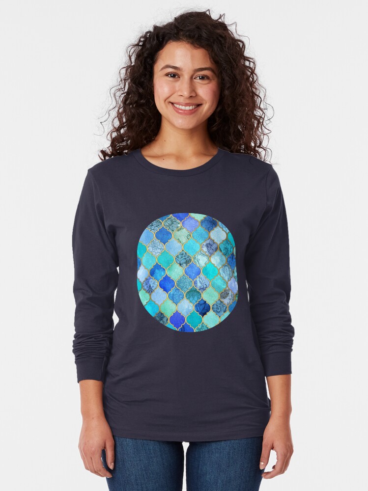 Alternate view of Cobalt Blue, Aqua & Gold Decorative Moroccan Tile Pattern Long Sleeve T-Shirt