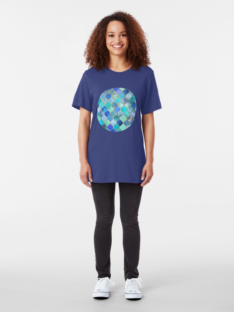 Alternate view of Cobalt Blue, Aqua & Gold Decorative Moroccan Tile Pattern Slim Fit T-Shirt