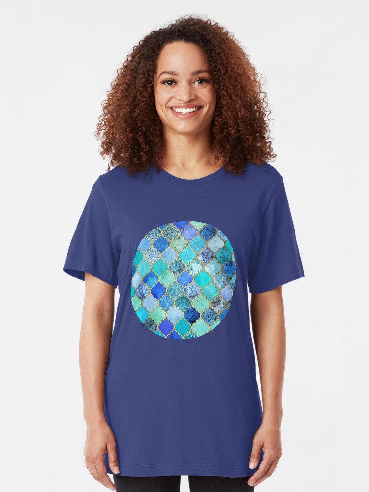 Alternate view of Cobalt Blue, Aqua & Gold Decorative Moroccan Tile Pattern Slim Fit T-Shirt