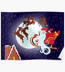 Santa Riding Christmas Sleigh at Night Poster