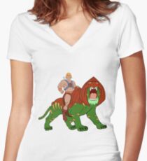 He-man and BattleCat Filmation Style Women's Fitted V-Neck T-Shirt