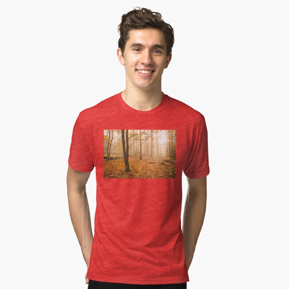 Foggy morning autumn forest Tri-blend T-Shirt