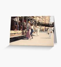 Mother helps her child off trolley in NYC — Colorized Greeting Card