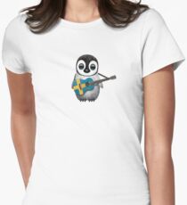 Baby Penguin Playing Swedish Flag Guitar Women's Fitted T-Shirt