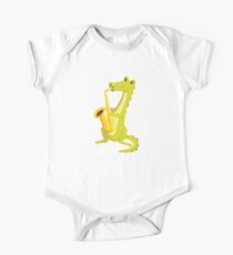 Cartoon crocodile playing music with saxophone One Piece - Short Sleeve
