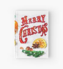 Oranges, lemons, nuts, hot mulled wine with fir branches, snow and beautiful inscription with the text "Merry Christmas" - a marker drawing. Hardcover Journal