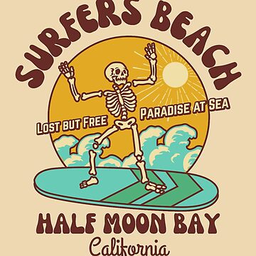 Retro Sixties Surfers Beach, Half Moon Bay, California, Beige Text-  Skeleton Beach / Skeleton Surf Backpack for Sale by KelWitt