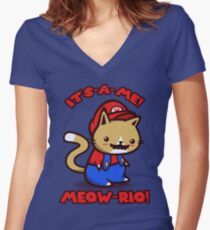 It's-a-me! Meow-rio! (Text ver.) Women's Fitted V-Neck T-Shirt