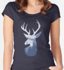 Deer Abstract Blue Landscape Design Women's Fitted Scoop T-Shirt