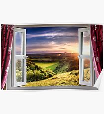 View through an open window onto beautiful landscape Poster