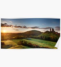 Beautiful sunrise panoramic over Corfe Castle Poster