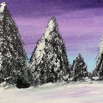 Artwork thumbnail, Black Cat with Snowy Pine Trees and Purple Sky by catladyjoy