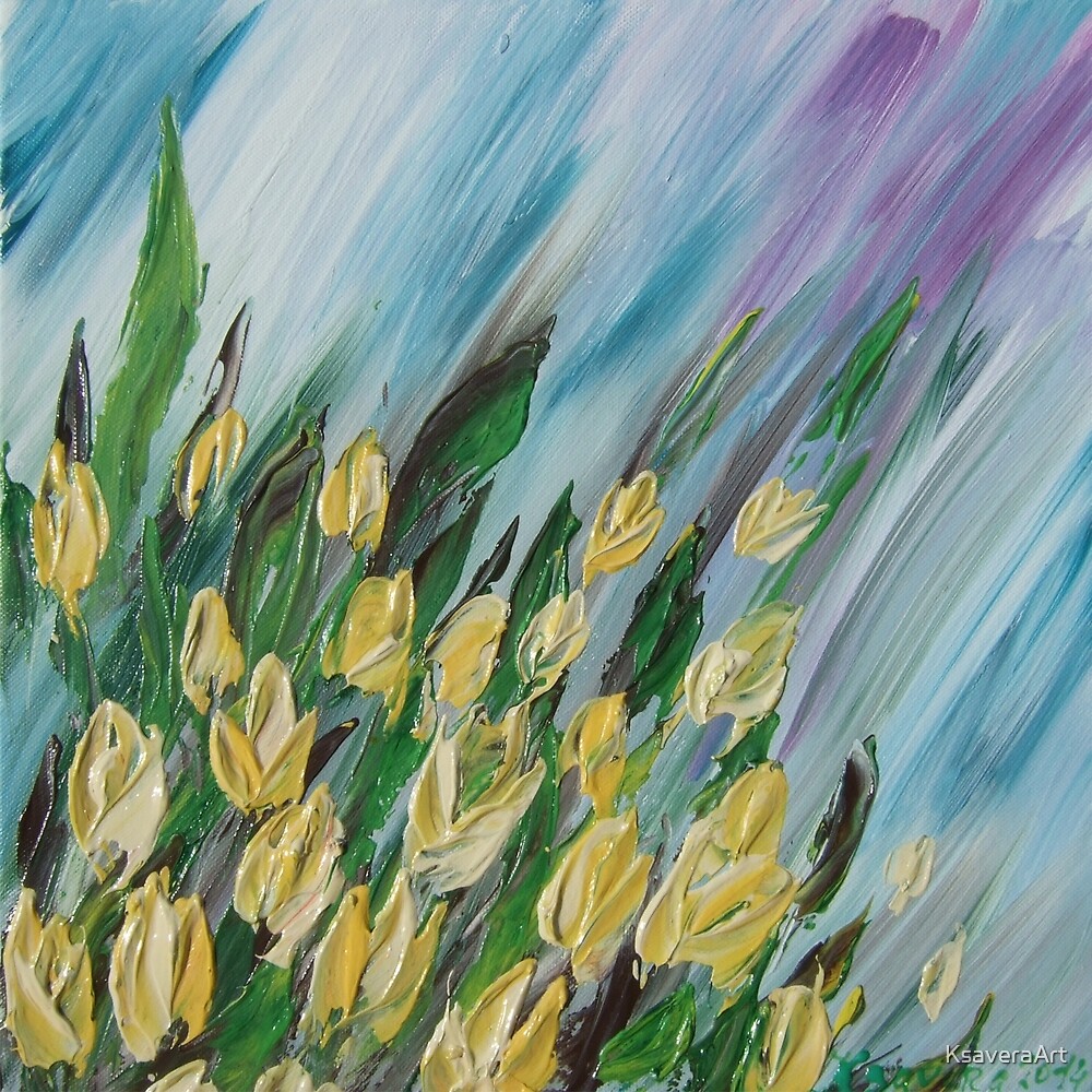 "Yellow tulips palette knife painting by Ksavera" by KsaveraArt Redbubble