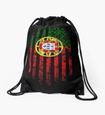 Portugal and America Flag Combo Distressed Design Drawstring Bag
