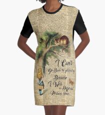 Alice in Wonderland Quote,Cheshire Cat,Vintage Dictionary Art Graphic T-Shirt Dress