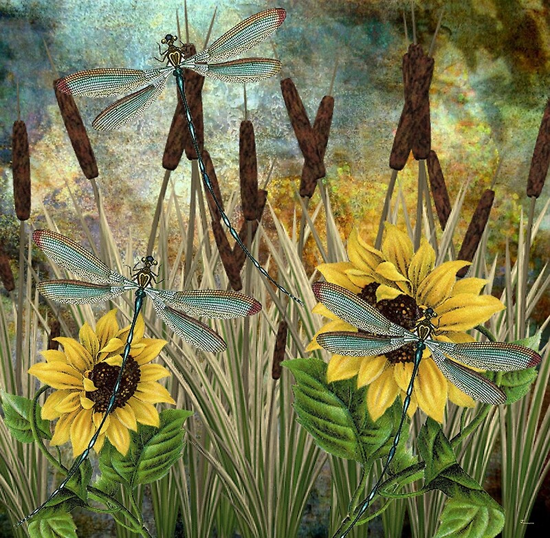 “DRAGONFLIES AND SUNFLOWERS” by Tammera | Redbubble