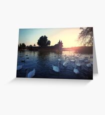 Sunset over the lake with swans. Beautiful view of the wooden house on an island on Lake Balaton Greeting Card