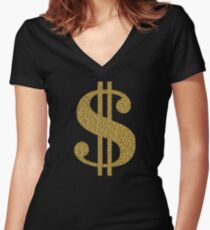 Gold Dollar Sign Fitted V-Neck T-Shirt