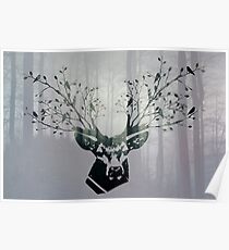 The deer head with forest colorful double exposure effect (green wood). Deer horns with flowers and birds Poster