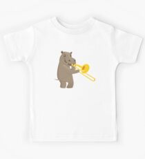 Funny hippo playing music with trombone Kids Tee