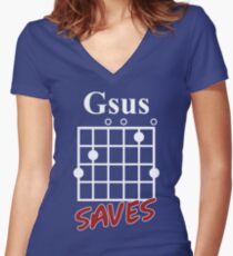 Gsus Saves Chord T-Shirt, Funny Guitar Lover Gift Women's Fitted V-Neck T-Shirt