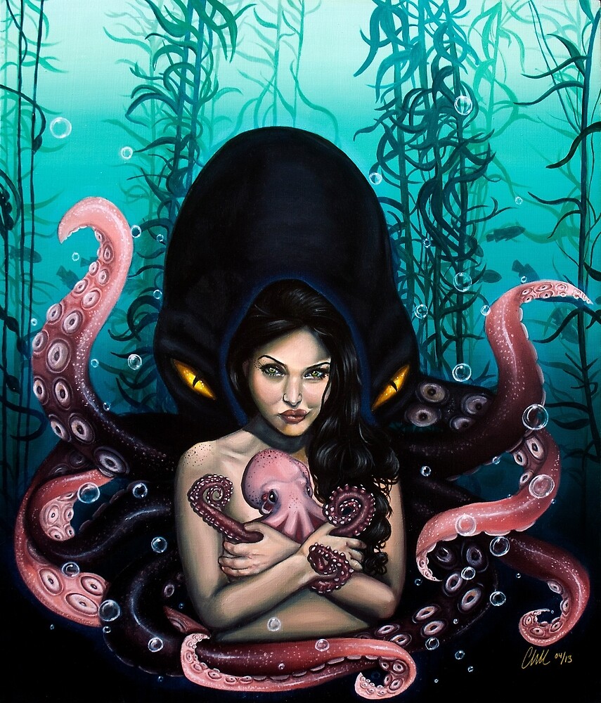 Woman With Baby Octopus And Tentacles Painting By Plantiebee Redbubble